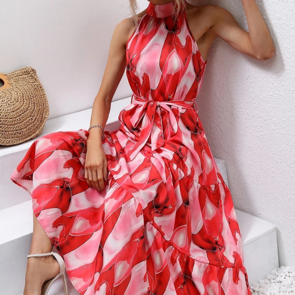 Red Preppy Womens Allover Print Ruffle Hem Belted Halter Dress - Picture 5 of 5